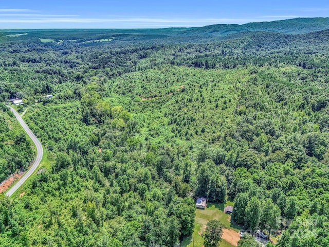 birds eye view of property featuring a mountain view and a wooded view