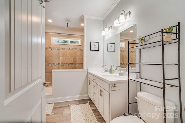 bathroom featuring crown molding, double vanity, a sink, and wood finished floors