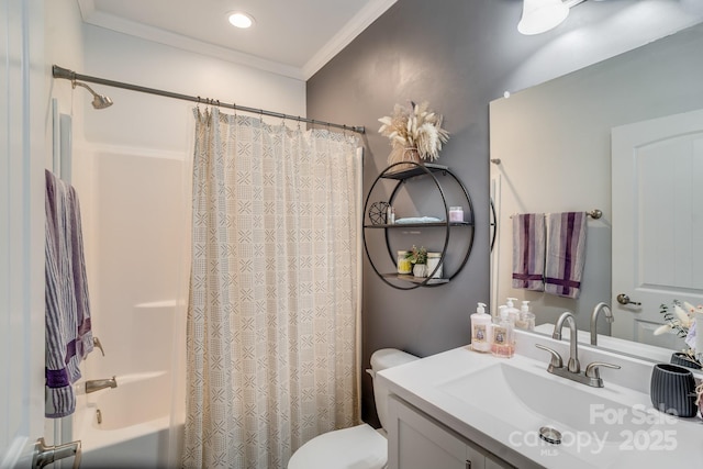 bathroom with toilet, shower / bath combination with curtain, crown molding, and vanity