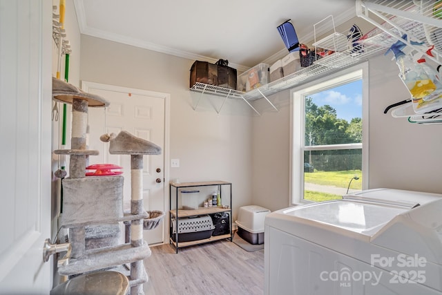 washroom featuring laundry area, light wood finished floors, washing machine and clothes dryer, and crown molding