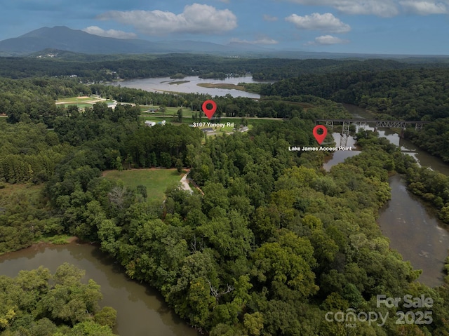 bird's eye view featuring a forest view and a water and mountain view