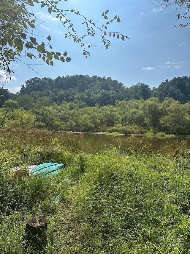 exterior space with a water view and a forest view