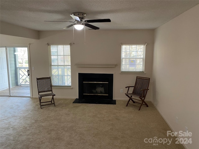 unfurnished room featuring plenty of natural light, ceiling fan, light colored carpet, and a textured ceiling