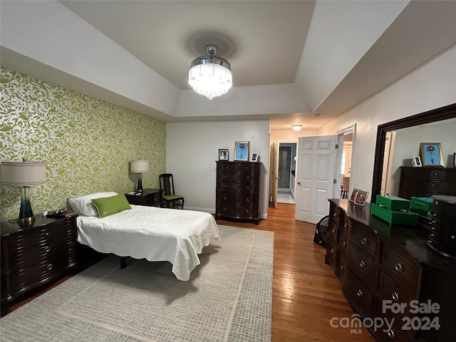 bedroom featuring a tray ceiling and hardwood / wood-style flooring