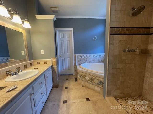 bathroom with tile patterned floors, crown molding, tasteful backsplash, shower with separate bathtub, and vanity