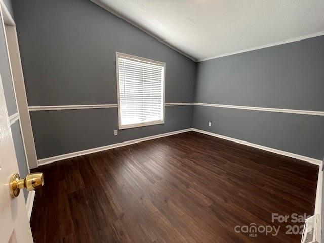 spare room featuring lofted ceiling and dark hardwood / wood-style flooring