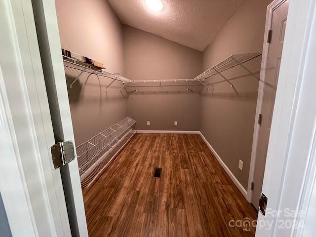 spacious closet featuring lofted ceiling and hardwood / wood-style floors