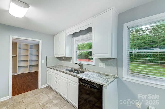 kitchen with dishwasher, light stone countertops, decorative backsplash, sink, and white cabinetry