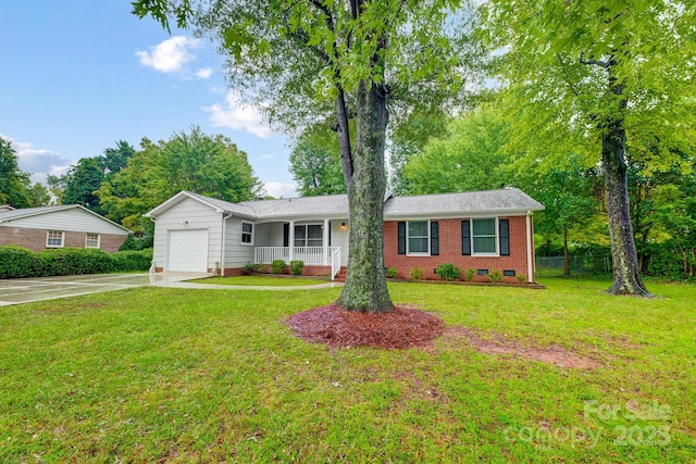 ranch-style home with a front lawn, a garage, and a porch