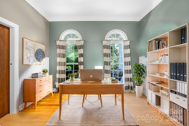 home office featuring light hardwood / wood-style flooring and crown molding