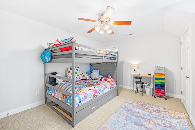 bedroom featuring carpet, a ceiling fan, and baseboards