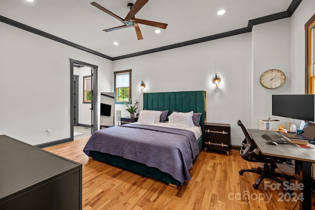 bedroom featuring light wood-style flooring, baseboards, crown molding, and recessed lighting