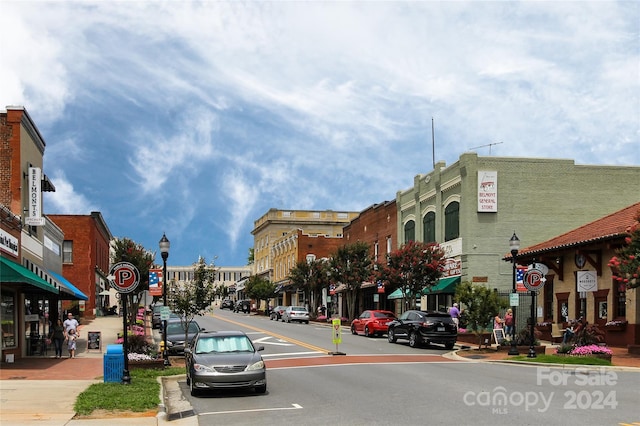 view of street with sidewalks, street lighting, and curbs