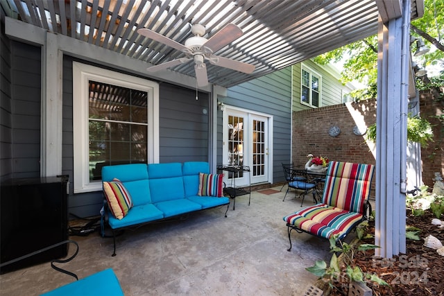 view of patio with french doors, a pergola, an outdoor hangout area, and ceiling fan