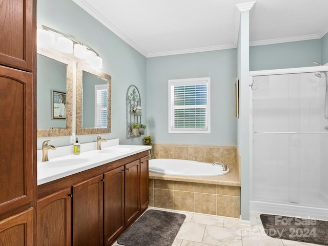 bathroom with tile patterned flooring, independent shower and bath, crown molding, and dual bowl vanity