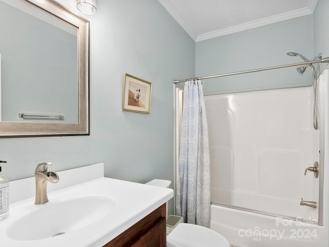 full bathroom featuring toilet, vanity, ornamental molding, a textured ceiling, and shower / tub combo with curtain