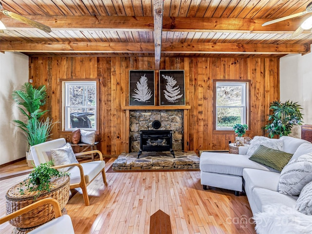 living room featuring wooden ceiling, light wood-style flooring, and beamed ceiling