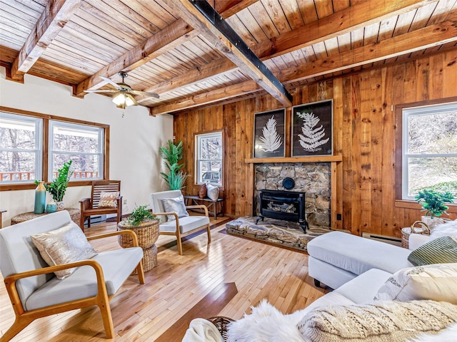 living area with hardwood / wood-style flooring, wood ceiling, and wood walls