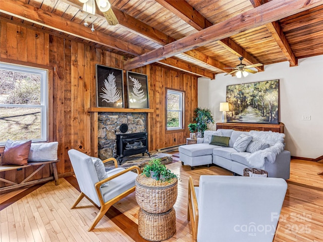 living room with wooden ceiling, ceiling fan, and hardwood / wood-style flooring