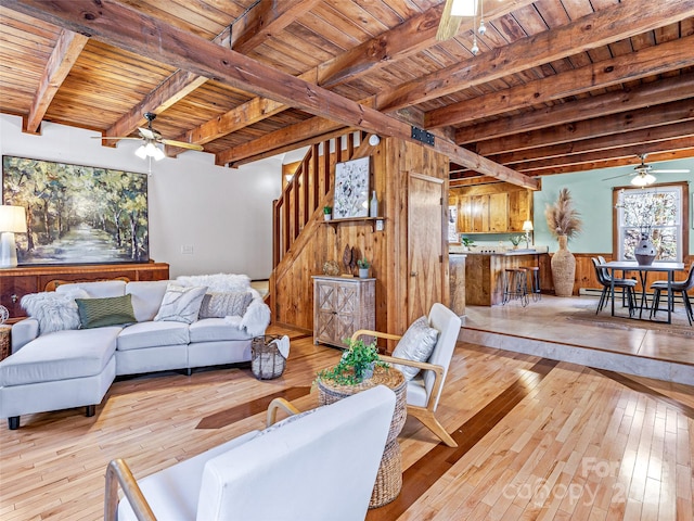 living room with ceiling fan, wood-type flooring, and wooden ceiling