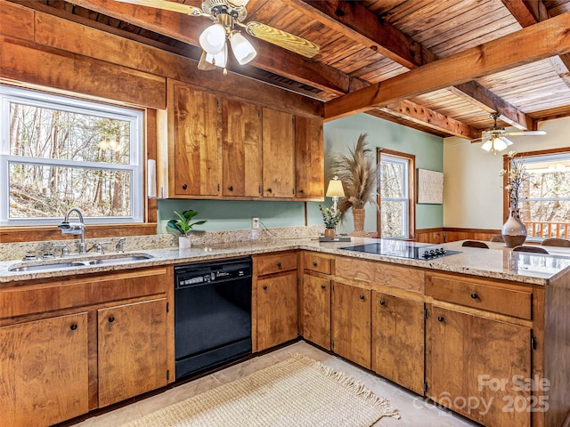 kitchen with wood ceiling, beamed ceiling, a peninsula, black appliances, and a sink