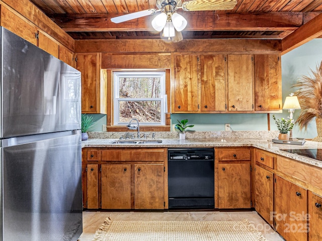 kitchen featuring brown cabinetry, wooden ceiling, a sink, black appliances, and beam ceiling