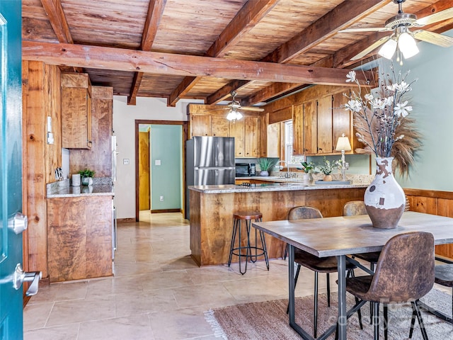 kitchen with wood ceiling, ceiling fan, freestanding refrigerator, a peninsula, and black microwave