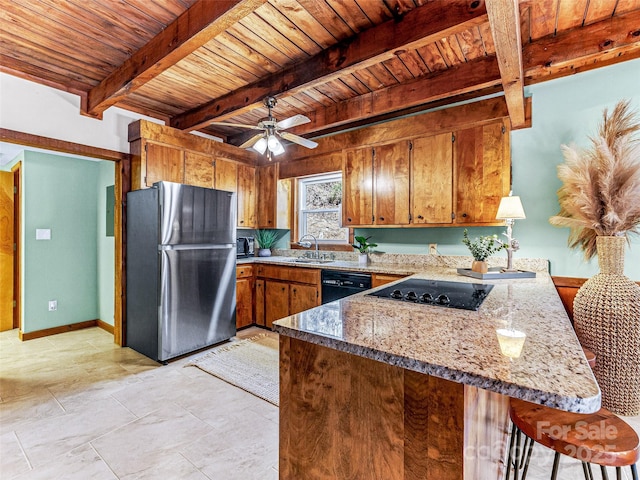 kitchen with brown cabinetry, a sink, wooden ceiling, a peninsula, and black appliances