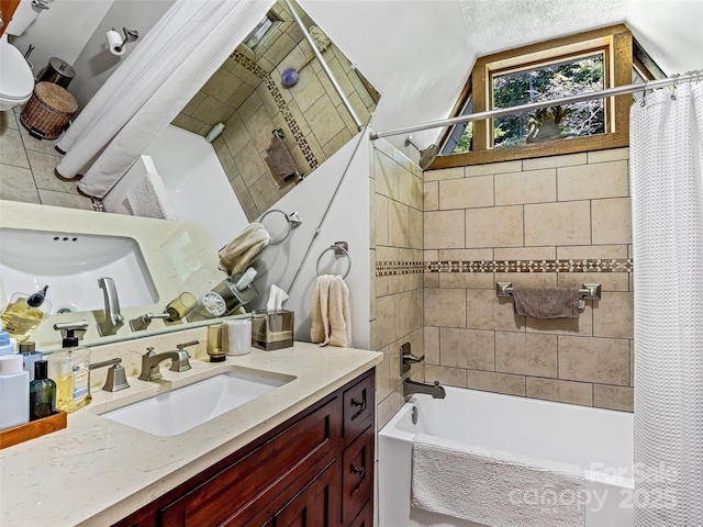 bathroom with vanity and shower / bathtub combination with curtain