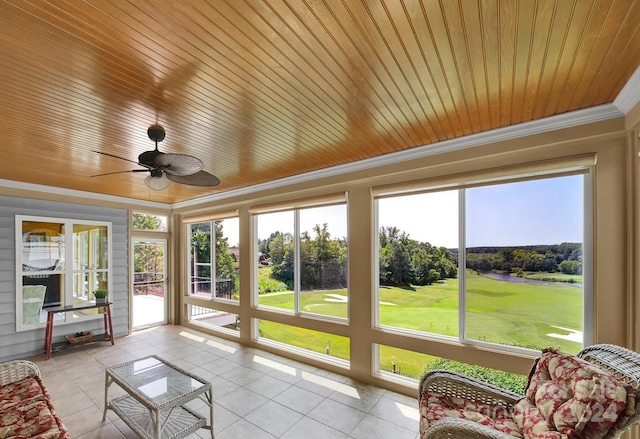 sunroom / solarium with ceiling fan and wooden ceiling