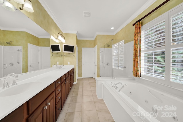 bathroom featuring crown molding, tile patterned floors, shower with separate bathtub, and vanity