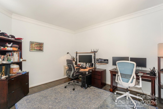 office space featuring wood-type flooring and ornamental molding