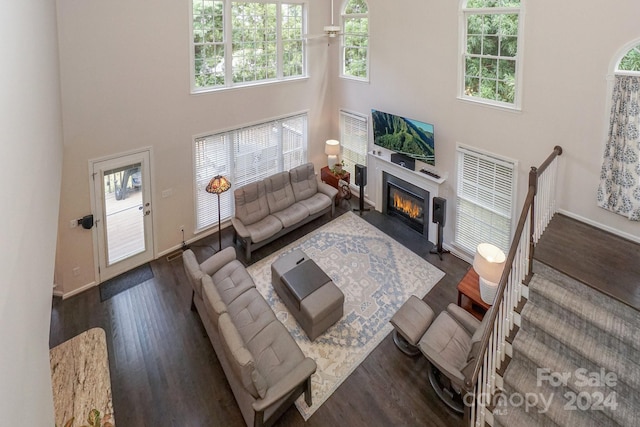 living room featuring dark wood-type flooring and a high ceiling