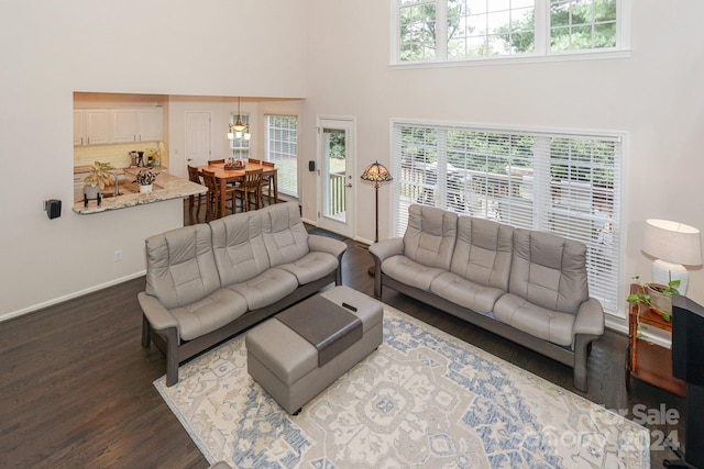 living room featuring a healthy amount of sunlight, a towering ceiling, and dark hardwood / wood-style flooring