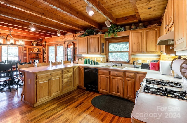 kitchen with wooden ceiling, under cabinet range hood, a peninsula, a sink, and black dishwasher