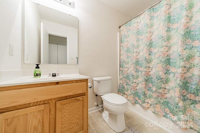 full bathroom featuring toilet, vanity, tile patterned floors, shower / tub combo, and a textured ceiling