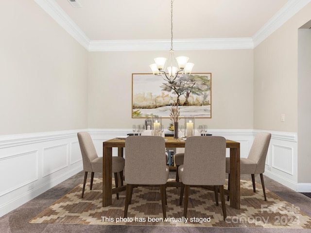 carpeted dining space with a notable chandelier and crown molding