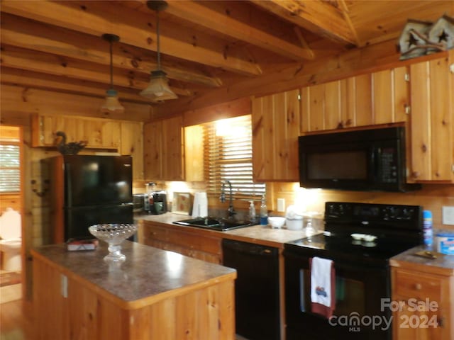 kitchen with sink, beamed ceiling, black appliances, pendant lighting, and wooden ceiling