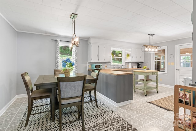 dining area with ornamental molding and a healthy amount of sunlight