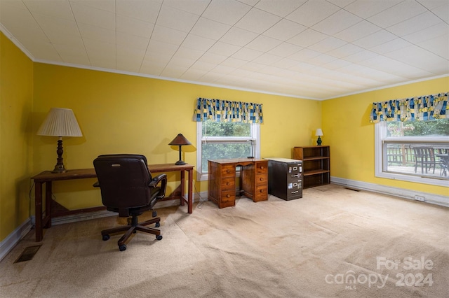 carpeted office featuring ornamental molding, visible vents, and baseboards