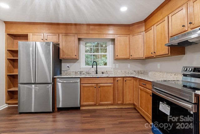 kitchen with appliances with stainless steel finishes, sink, light stone counters, and dark hardwood / wood-style flooring