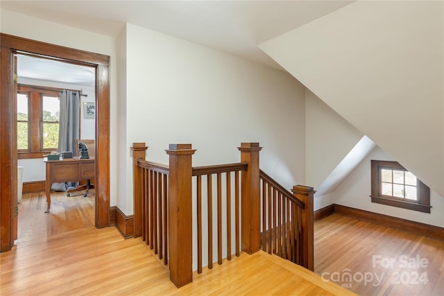 stairway with wood-type flooring and a healthy amount of sunlight