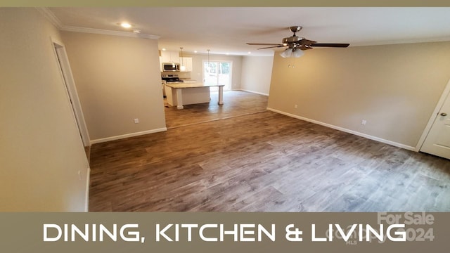 unfurnished living room with ceiling fan, wood-type flooring, and crown molding