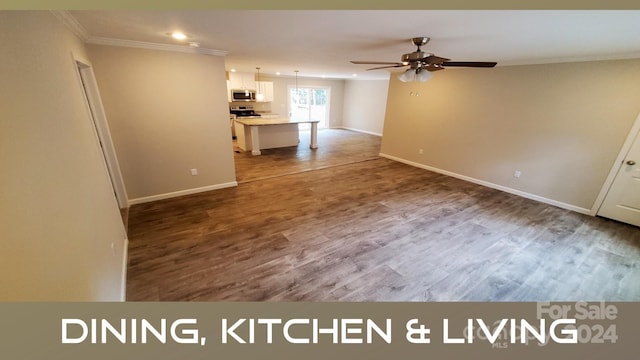 38 Enochs Way, Fletcher, NC 28732 - unfurnished living room featuring ceiling fan, crown molding, dark wood-type flooring, and recessed lighting