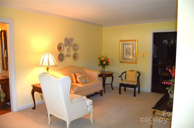 carpeted living room with ornamental molding