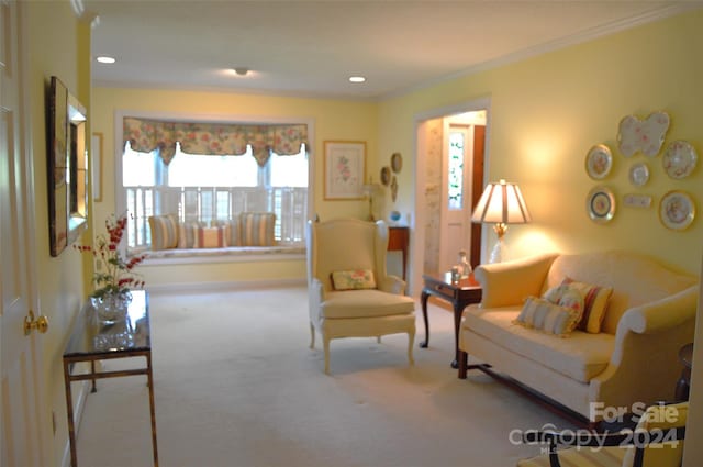 living room with carpet floors, crown molding, and a healthy amount of sunlight