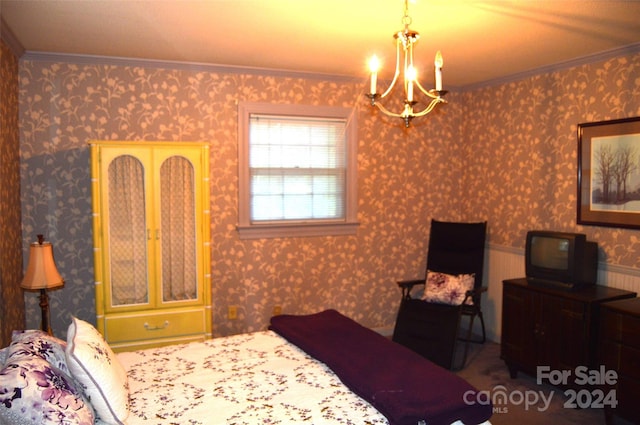 bedroom featuring a notable chandelier and ornamental molding