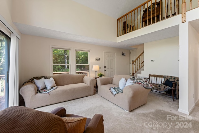 living room with a high ceiling and carpet floors