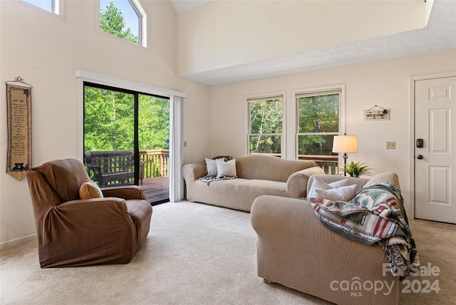 living room featuring a towering ceiling, light carpet, a textured ceiling, and a healthy amount of sunlight