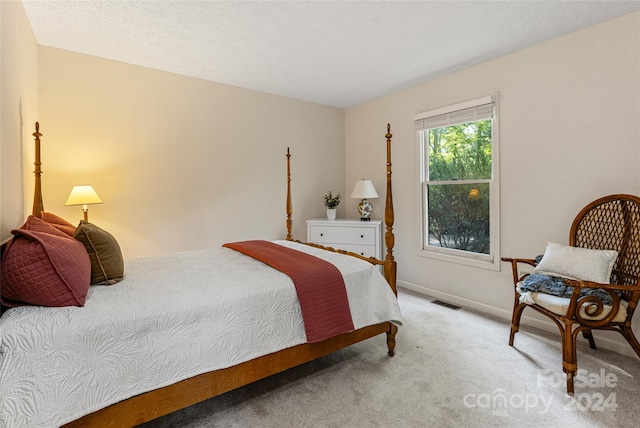 carpeted bedroom featuring a textured ceiling